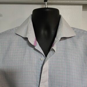 Steven Land Dress Shirt 16 1/2 34/35 Blue Plaid French Cuff Long Sleeve